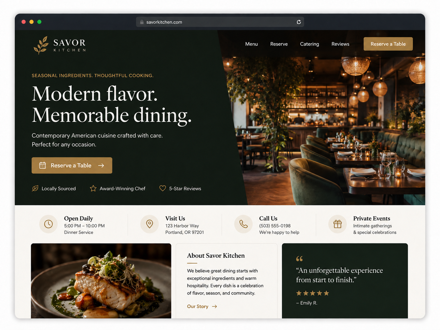 Savor Kitchen restaurant Smart Site website example